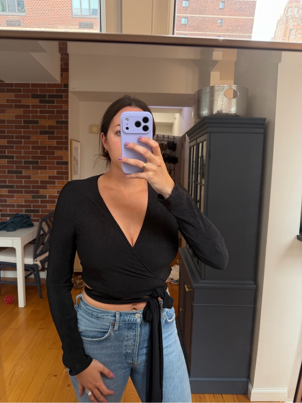 Show me your MuMu Women's Black Wrap Tie Long-Sleeve Top
